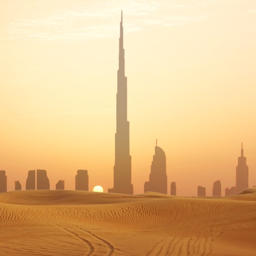 Dubai city skyline at sunset