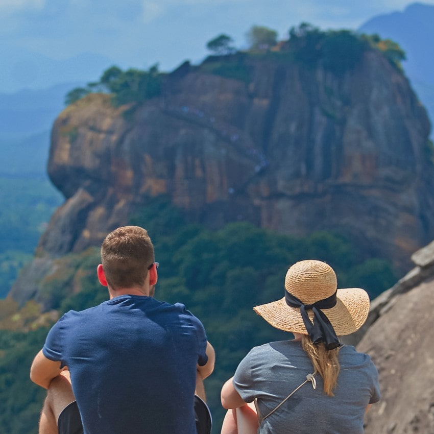 Travelers Looking Breathtaking Sigiriya Rock Fortress in Sri Lanka