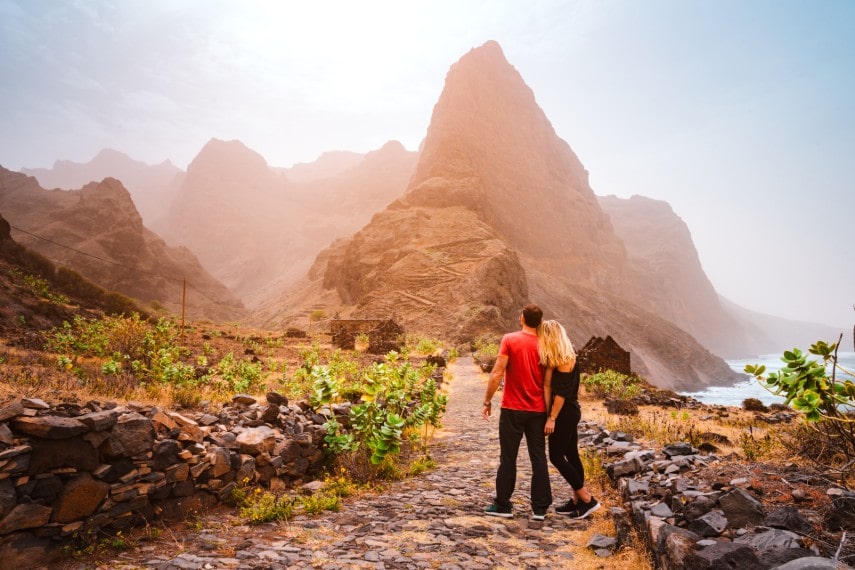 Couple wearing t-shirt, tops outfits in Cape Verde in March weather