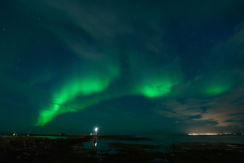 Northern lights at Grotta Lighthouse, Seltjarnarnes Peninsula