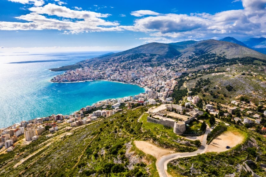 Aerial view of Lekuresi Castle in Saranda, Albania