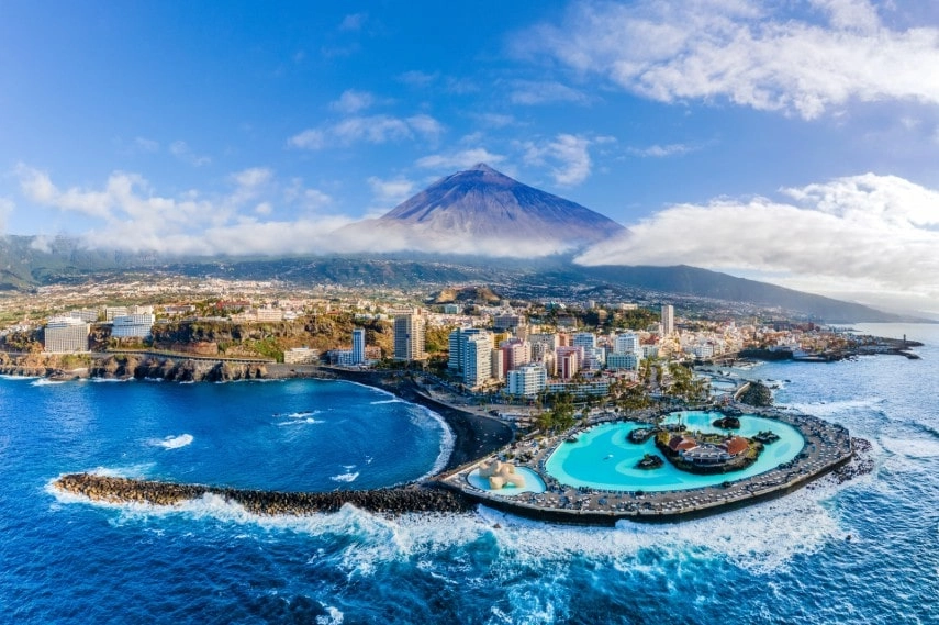 Aerial view with Puerto de la Cruz & Teide volcano, Tenerife