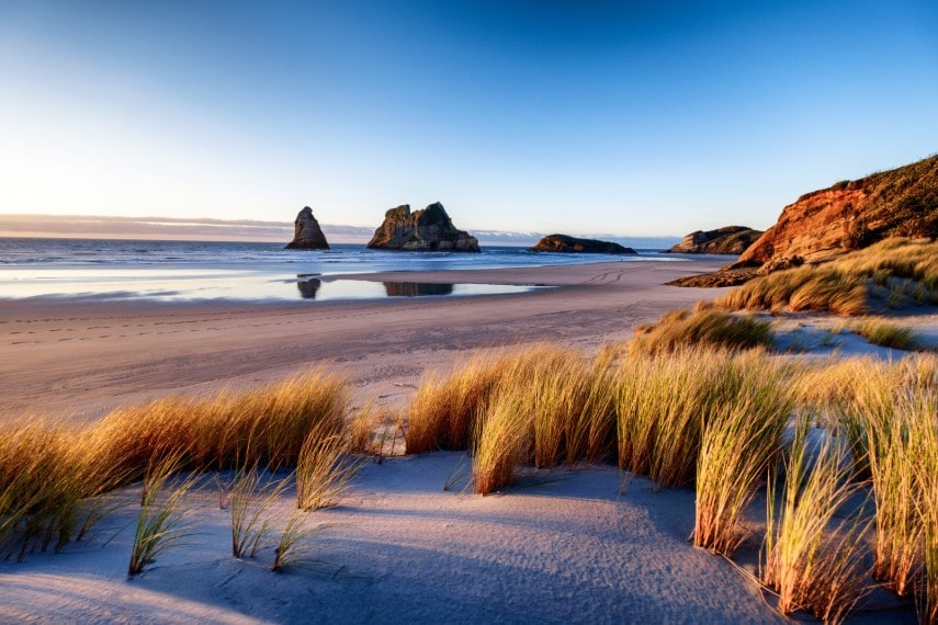 Landscape at Wharariki Beach New Zealand to visit in March