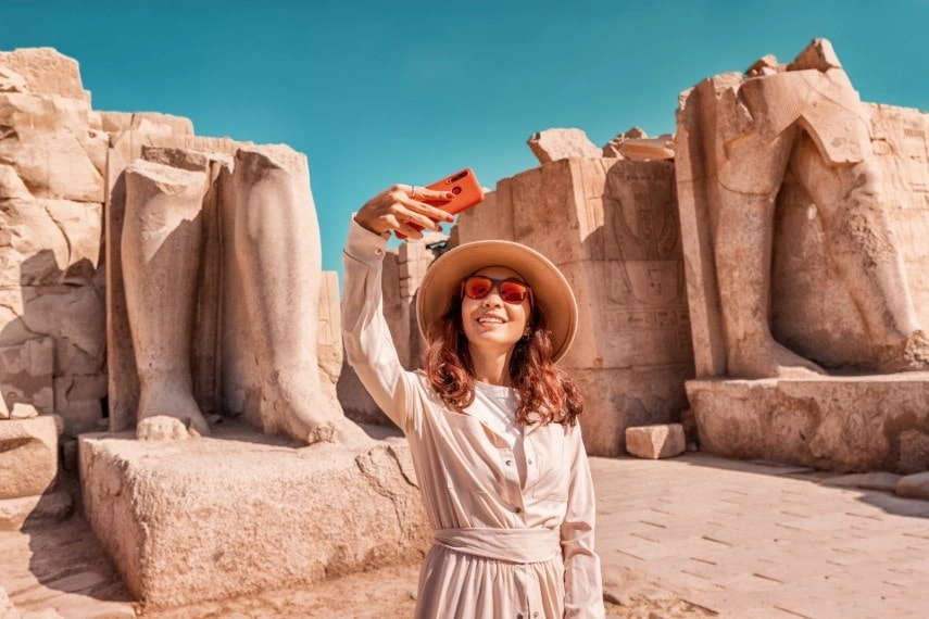 Girl wearing cool outfit at Luxor in Egypt in October