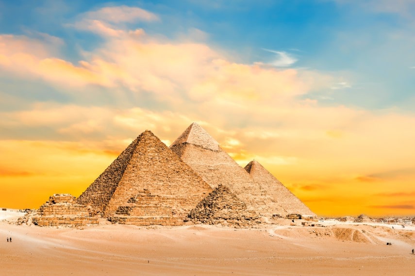 The Great Pyramids of Giza, Egypt at sunset in September