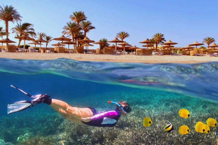 Woman snorkeling near tropical coral reef Red Sea, Egypt in July