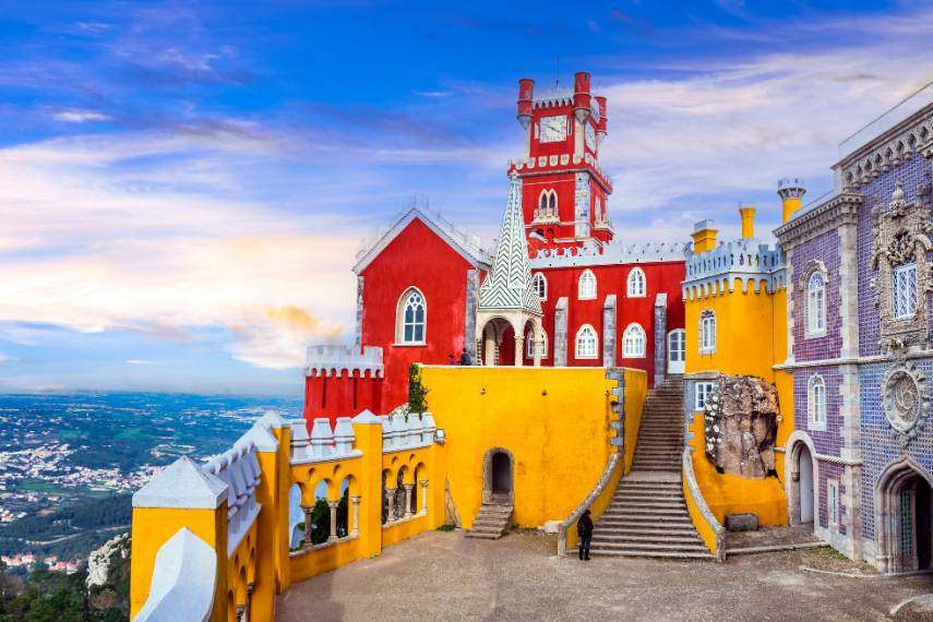 Pena Palace Sintra with yellow and red towers fairytale architecture Lisbon Portugal