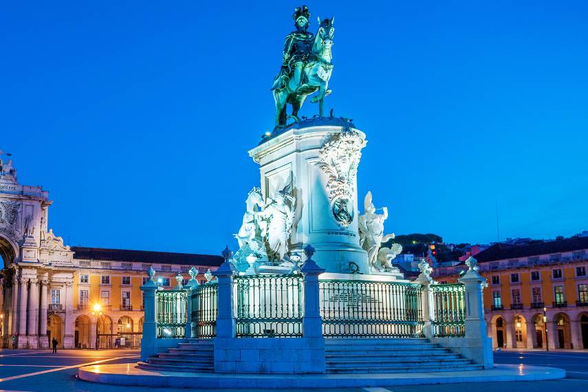 Visit at Statue of King Jose on the Commerce square (Praca do Comercio) in Lisbon, Portugal