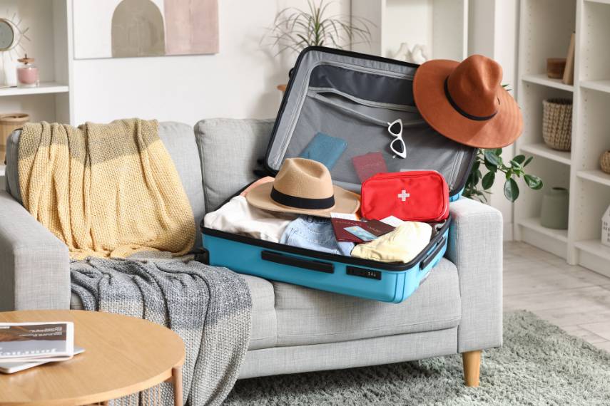 Suitcase with first aid kit, stylish clothes and summer hats on sofa in room