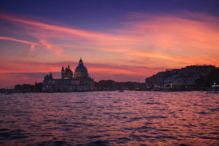 Venice city at sunset with Santa Maria della Salute Basilica