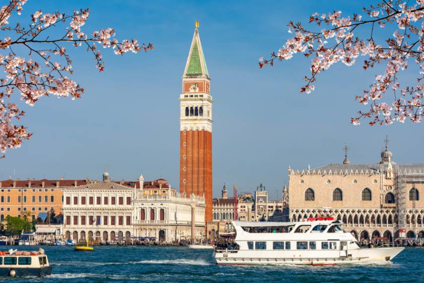 Venice cityscape with St. Mark's campanile in spring, Italy