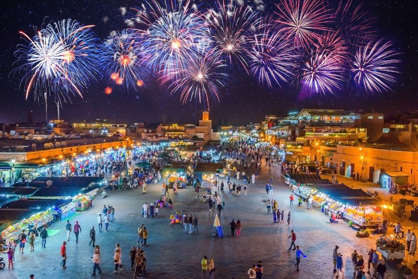 market square in Marrakesh's medina with fireworks, Marrakesh, Morocco