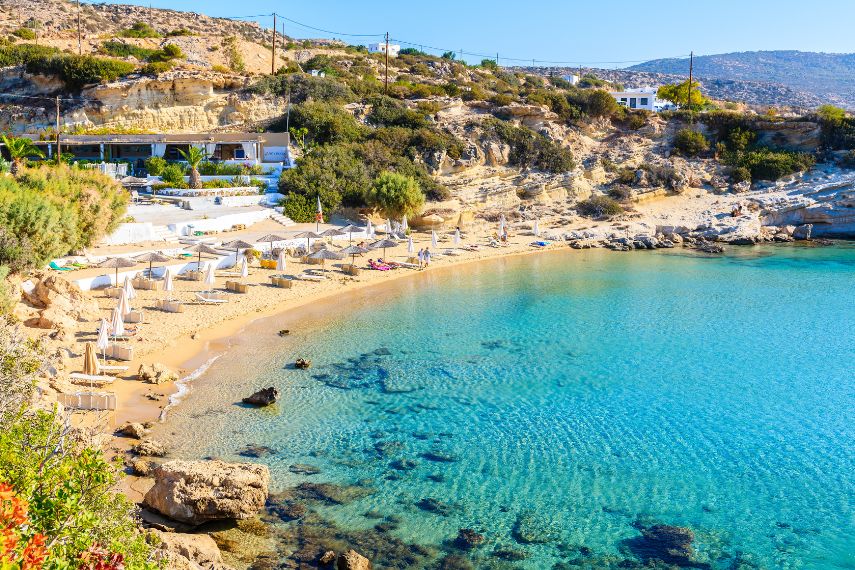 Amazing bay with beach in Ammopi village on sea coast of Karpathos island, Greece