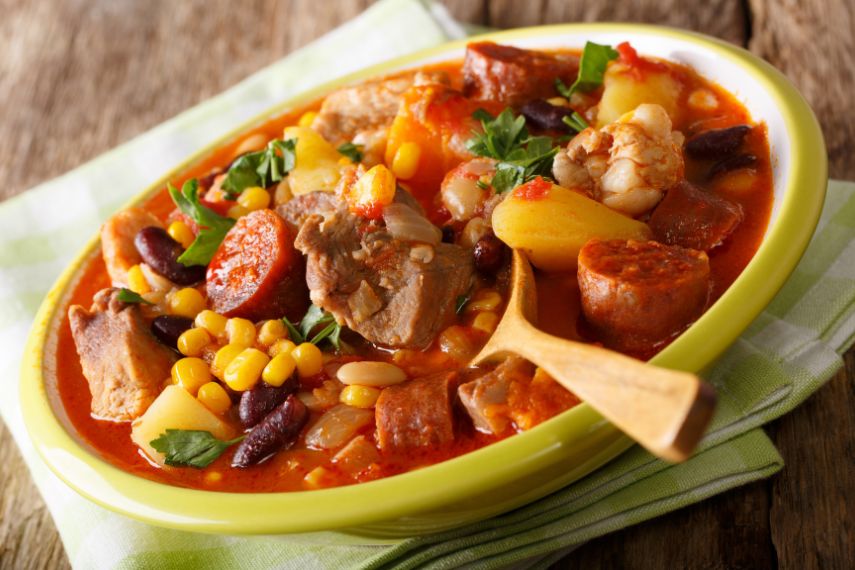 Cape Verde food cachupa with meat, sausages and vegetables