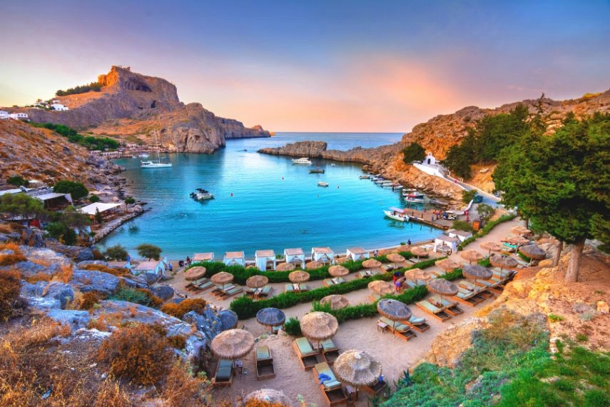 Panoramic view of St. Paul bay and acropolis of Lindos, Rhodes island, Greece