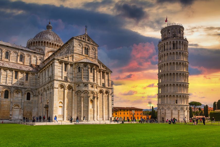 Cathedral and the Leaning Tower of Pisa at sunset, Italy
