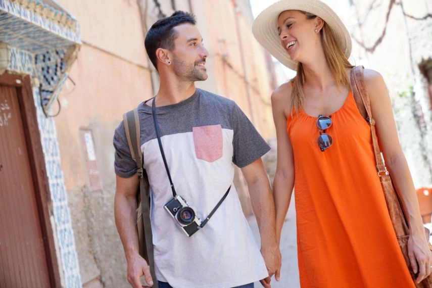 couple walking through streets in Marrakech