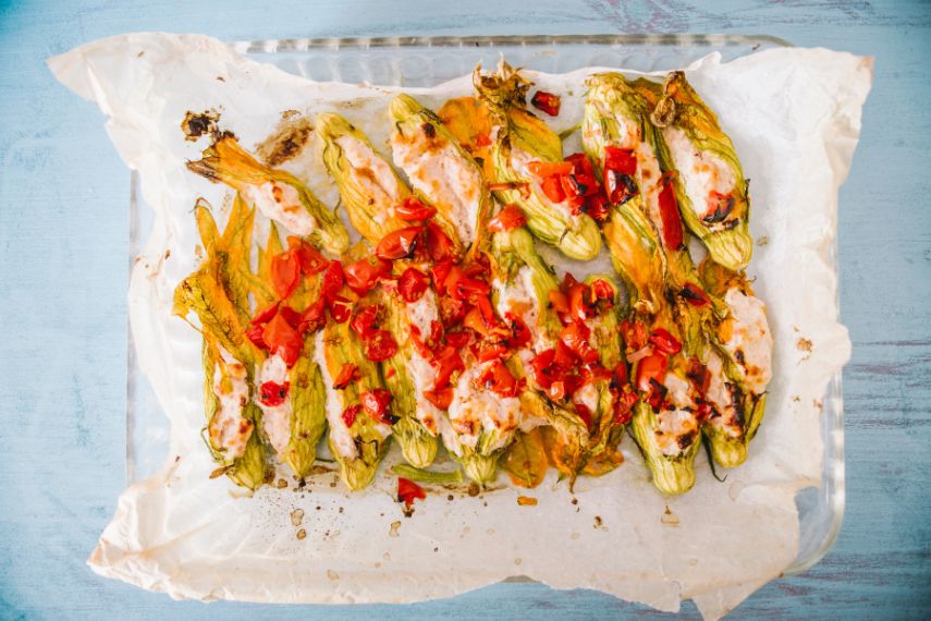 Fiori di zucca ripieni (stuffed courgette flowers, Italy).
