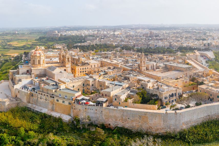 Mdina fortress aerial top view in Malta