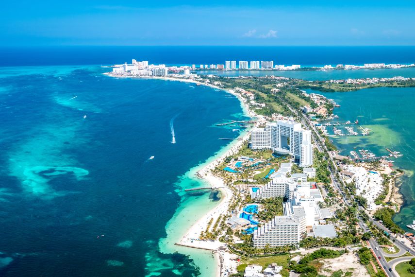 Aeria view of the complex of hotels and beaches on the shores of the Gulf of Mexico in Cancun