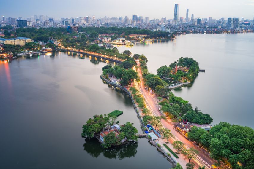 Aerial view of Hanoi skyline with Thanh Nien street at West Lake
