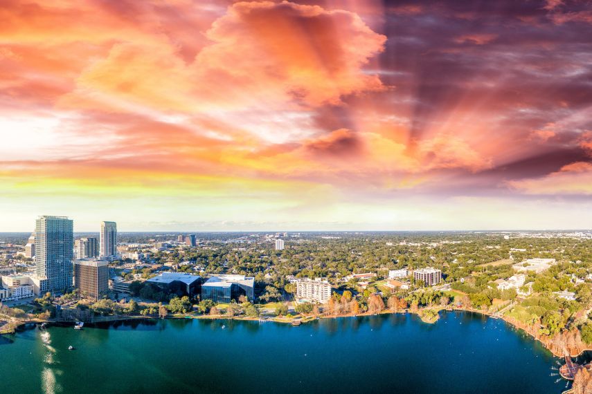aerial view of Lake Eola and surrounding buildings, Orlando