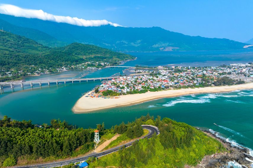 Aerial view of Lang Co bay and beach, Hai Van, Vietnam