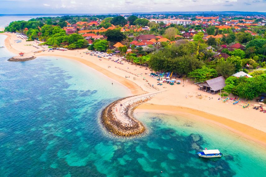 Aerial view of Sanur beach, Bali, Indonesia