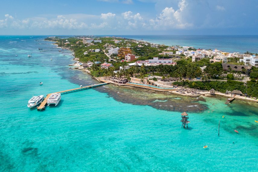 An aerial view of Isla Mujeres in Cancun