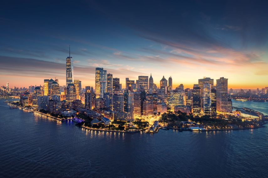 New York City panorama skyline at sunset