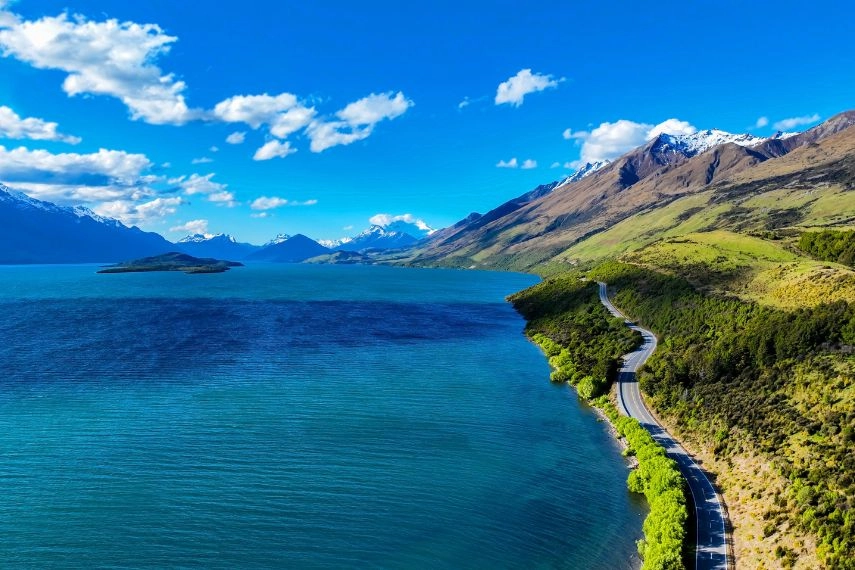 Aerial view Scenic Drive Along the road trip with Turquoise Waters of the New Zealand Highlands