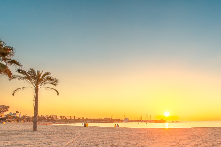 Barceloneta Beach in Barcelona at sunrise