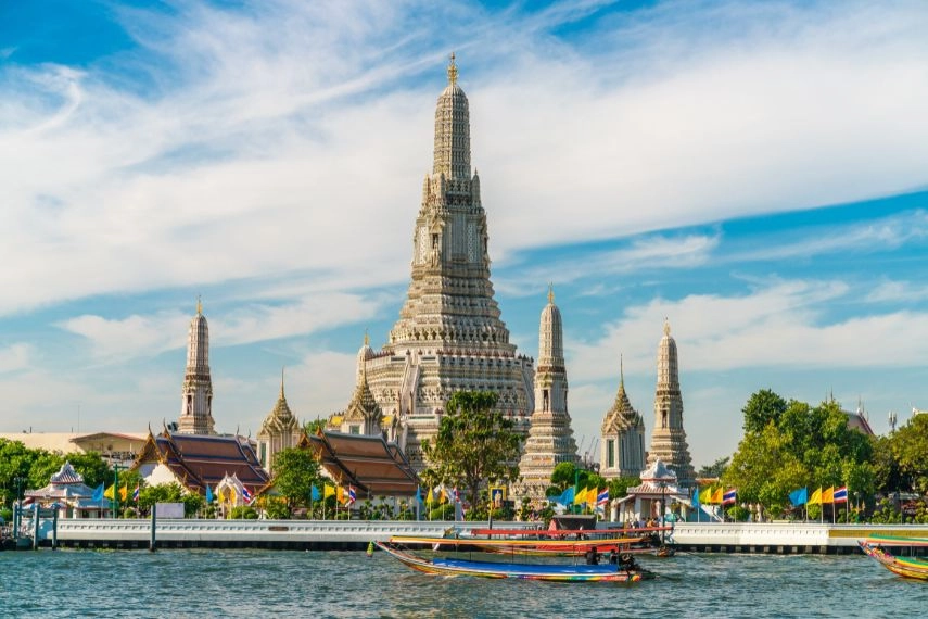 Temple of dawn Wat Arun with Chao Praya river sightseeing landmark of Bangkok, Thailand