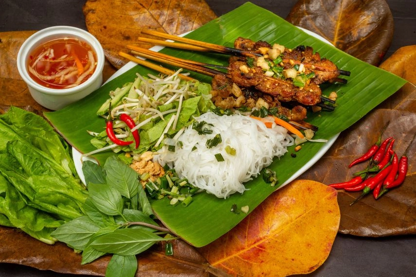Bun cha, grilled pork rice noodles and herbs, vietnamese cuisine