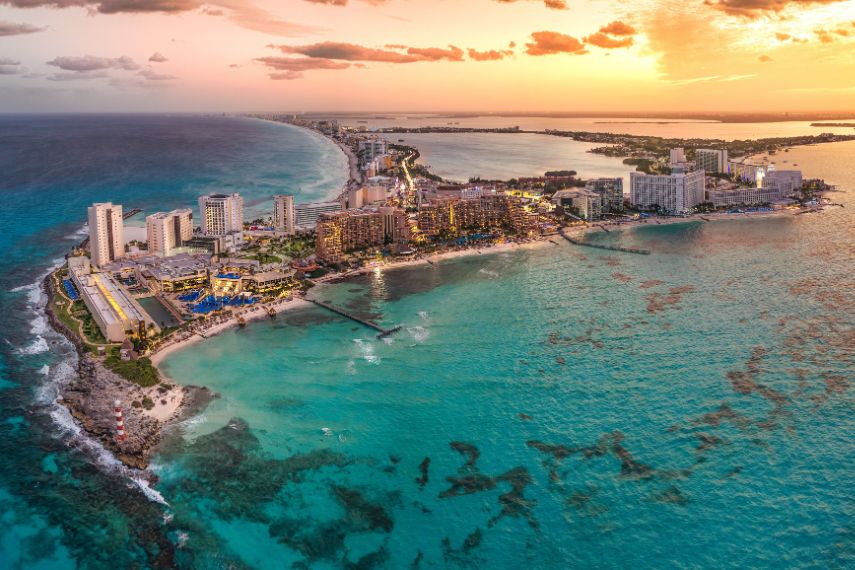 Cancun beach with beautiful sunset