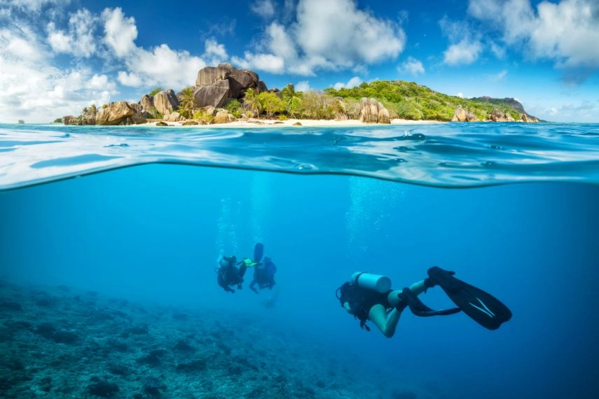 Divers below the surface in Seychelles