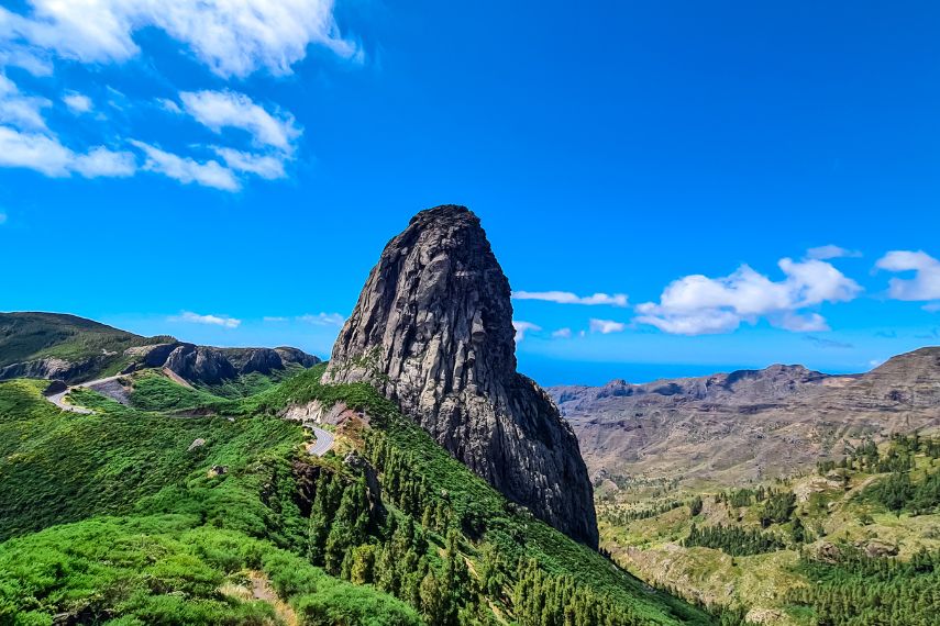 massive volcanic rock formation Roque de Agando in Garajonay National Park on La Gomera, Canary Islands,