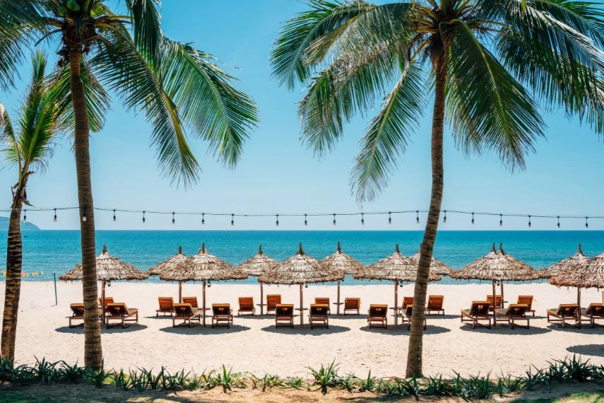 My Khe Beach with parasol and sunbed in Da Nang, Vietnam