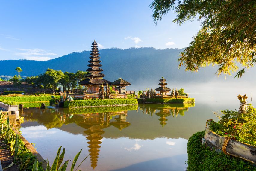Pura Ulun Danu Bratan at sunrise, famous temple on the lake, Bedugul, Bali, Indonesia