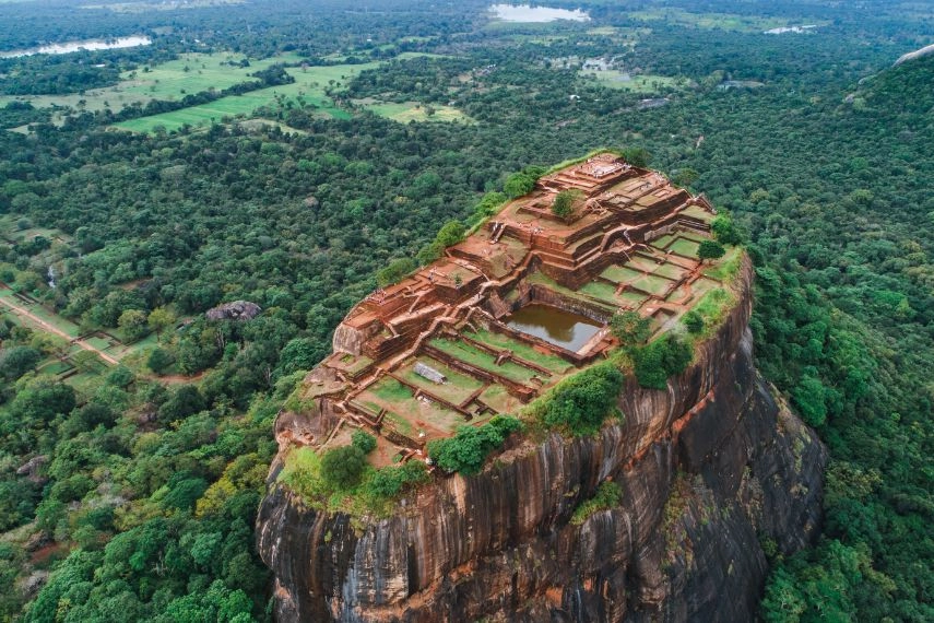 Sigiriya Lion's Rock of Fortress in the middle of the forest in Sri Lanka island