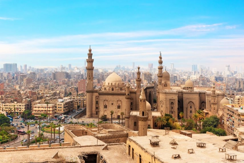 The Mosque-Madrassa of Sultan Hassan in the panorama of Cairo, Egypt