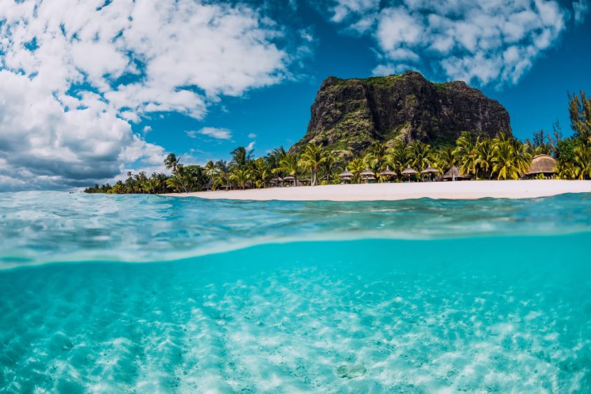Tropical crystal ocean with Le Morne mountain and luxury beach in Mauritius