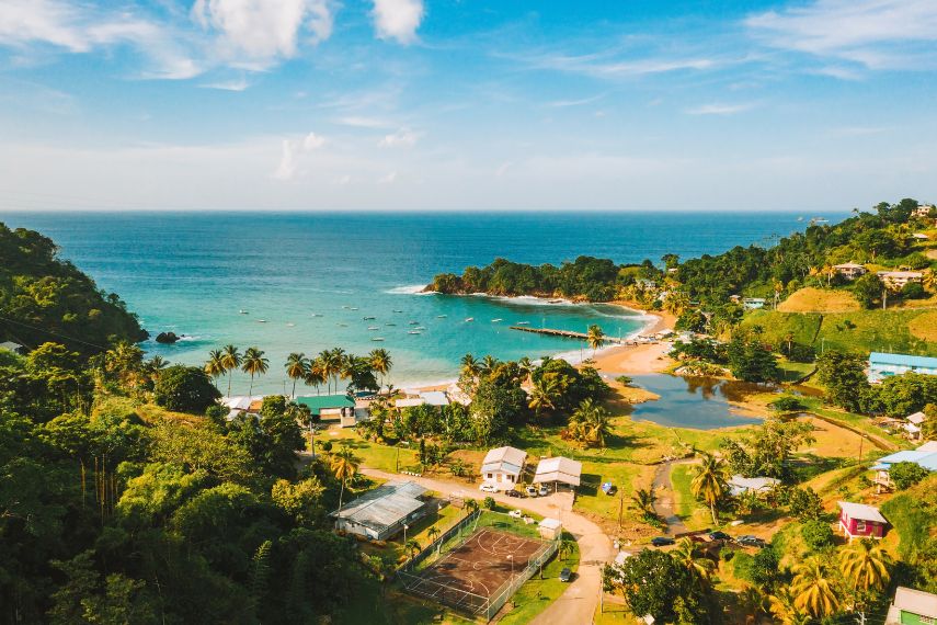 Beautiful tropical Barbados island. View of the golden beach with palms and crystal clear water