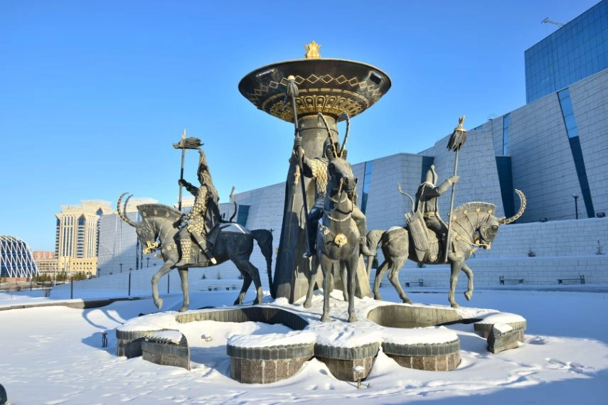a historic Kazakh warrior in front of the Historical Museum in Astana, Kazakhstan