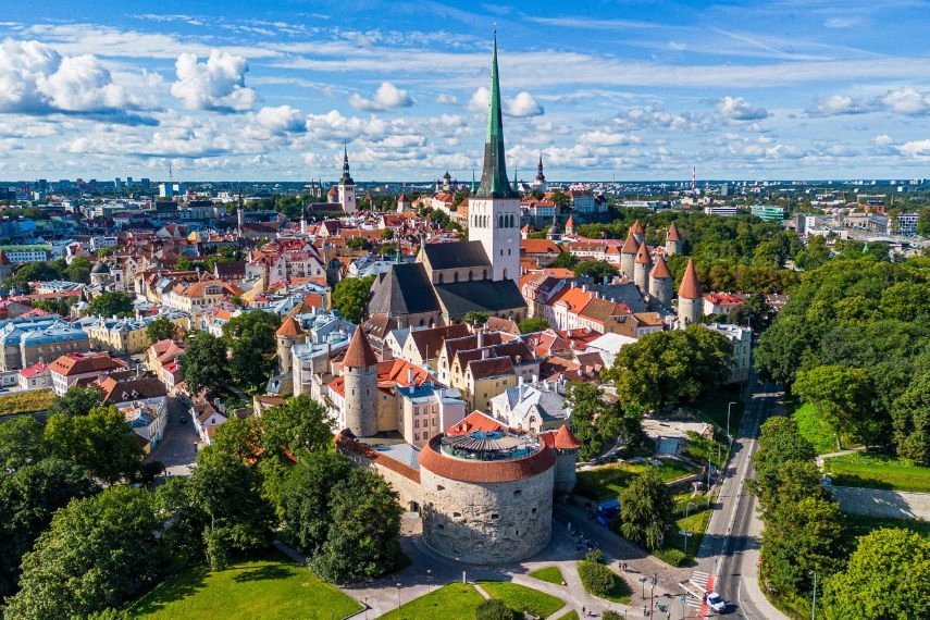 Aerial view of the Fat Margaret tower and of St Olaf's church in Tallinn Old Town