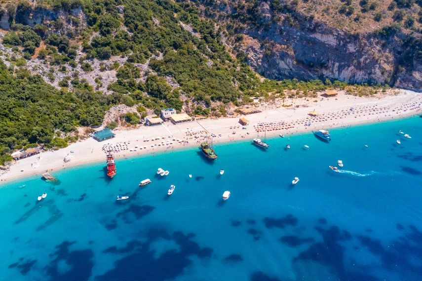 Aerial drone view of the paradise beach of Kroreza or Krorez on the Albanian riviera in Sarande