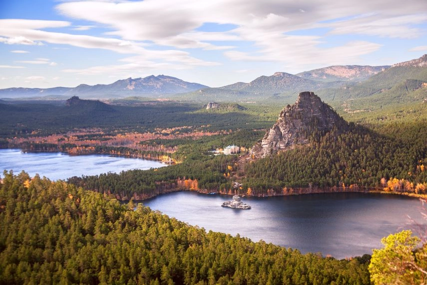 epic view of Burabay lake with Okzhetpes and Zhumbaktas rocks at sunset in autumn season