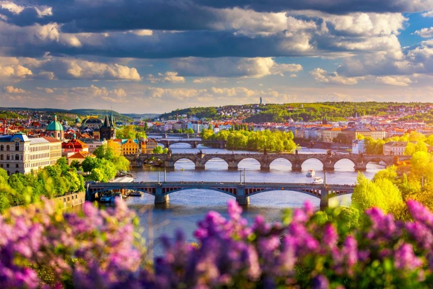 Scenic view of the Old Town pier architecture and Charles Bridge over Vltava river in Prague, Czech Republic