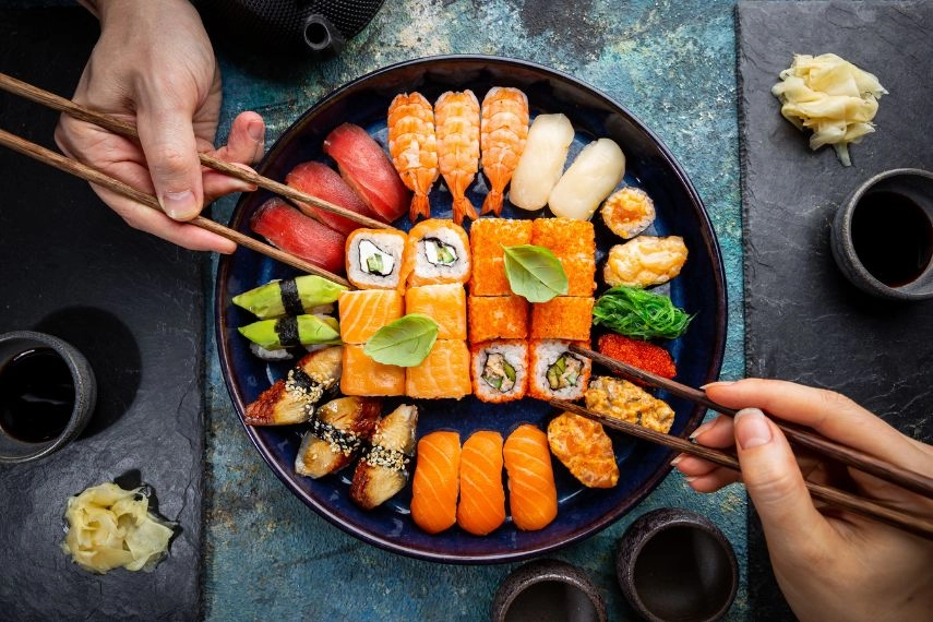 Set of sushi and maki with soy sauce