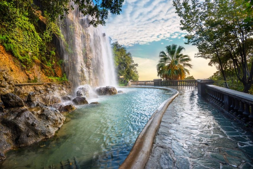 Waterfall in Château Hill Park. Nice, French Riviera, France